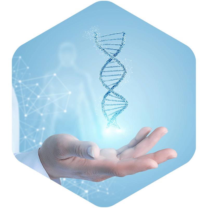 Man gesturing with his hand toward a DNA illustration.